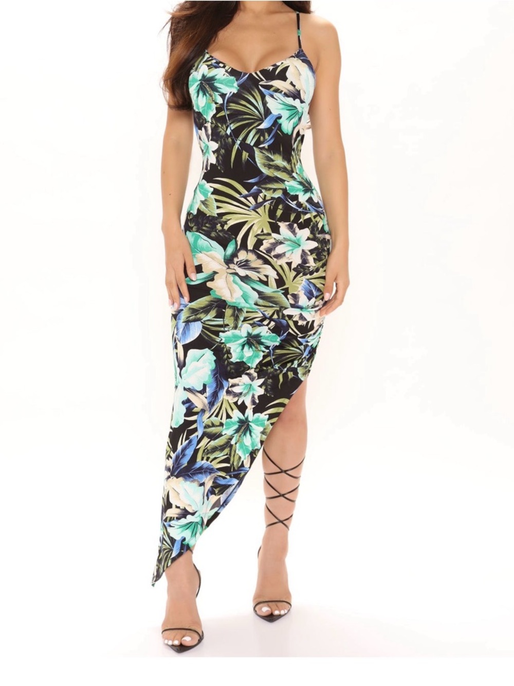 Tropical Floral Asymmetrical Maxi Dress - Black & Teal